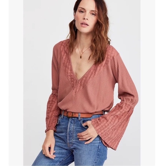 Free People Parisian Nights Thermal Henley Top in Sayluita / Desert Rose Sz. S - Picture 2 of 14